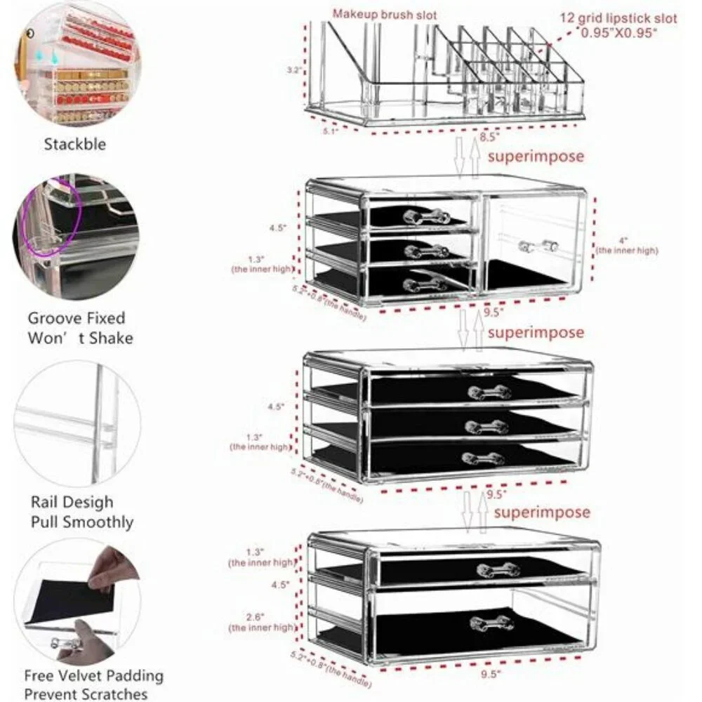 Clear Makeup Organizer Stackable 9 Drawer Vanity Storage for Skincare Jewelry